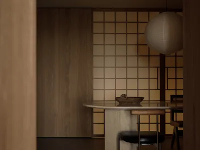 現代餐廳室內，採用木質元素與簡約設計。