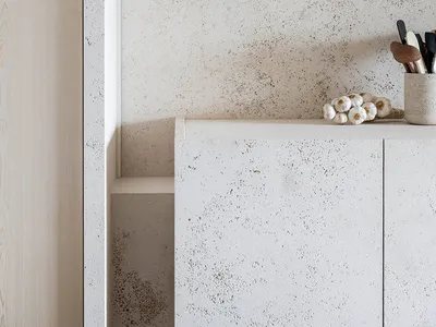 Concrete kitchen counter with minimalist design elements.