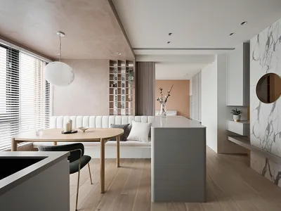 A modern interior design featuring a neutral-toned marble kitchen and living room intersection with white painted walls, mixe