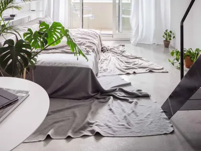 A minimalist bedroom with concrete floor and white walls.