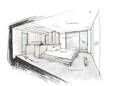 Minimalist bedroom with a raised platform bed on a wood floor, large windows, and soft lighting.
