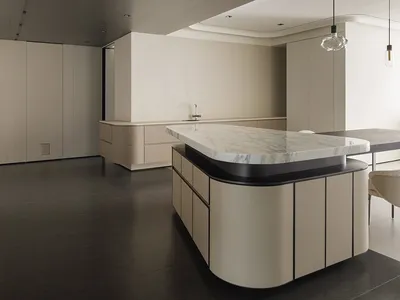 Modern kitchen featuring marble countertops and light wood cabinets