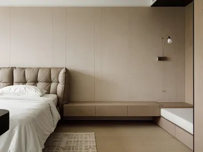 A modern minimalist bedroom featuring a wooden bed frame and headboard against a light-colored wall, with a wooden bench and