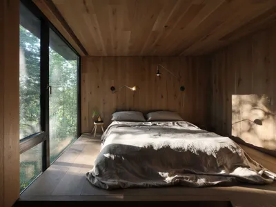 Minimalist bedroom with wooden walls, floors, and ceiling, featuring a bed with gray sheets and a small nightstand with a pla