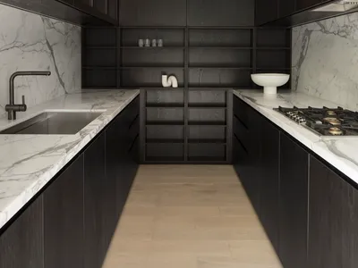 現代廚房配備大理石檯面、深色木櫥櫃與不鏽鋼家電。