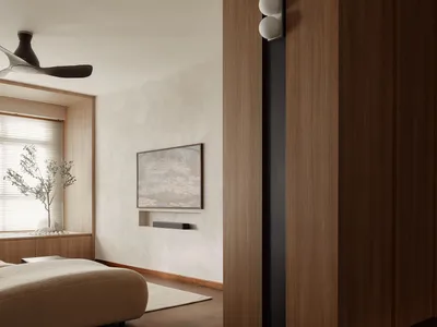 A bedroom with a minimalist design featuring wooden and concrete elements.