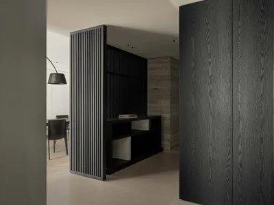 A modern office space featuring dark wood elements and minimalist design.