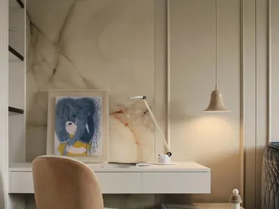 A minimalist bedroom with a modern desk featuring a marble surface.