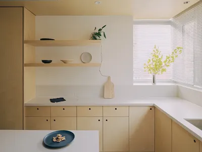 A minimalist small kitchen featuring wood cabinets, minimalist design, and clean lines.
