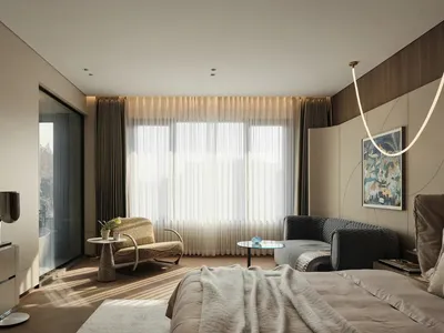 Modern bedroom with neutral tones and minimalist design.