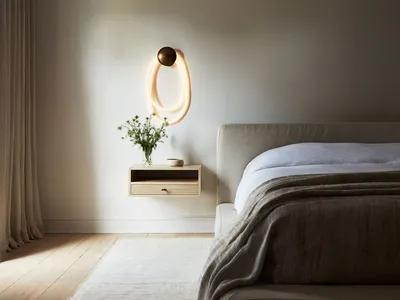 Minimalist bedroom with fabric bedding on a wooden bed frame, featuring a floating nightstand and a modern light fixture.