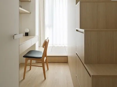 Modern minimalist bedroom with wood accents and a bunk bed.