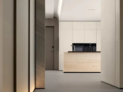 Modern kitchen with wooden countertop and minimalist design