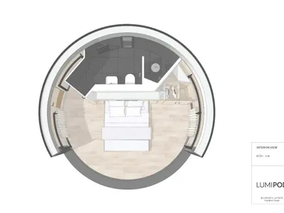Minimalist bedroom with white floor, white bedding, and wooden accents.