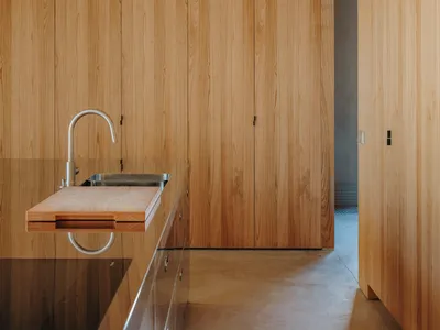 Modern minimalist kitchen with wood accents and sleek, clean lines.