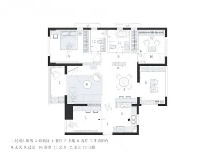 現代住宅平面圖，包含廚房、客廳、餐廳與臥室套房