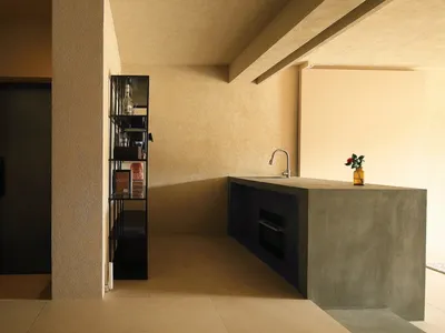 A minimalist residential kitchen with a concrete countertop island, black shelving unit, and a door in the background.