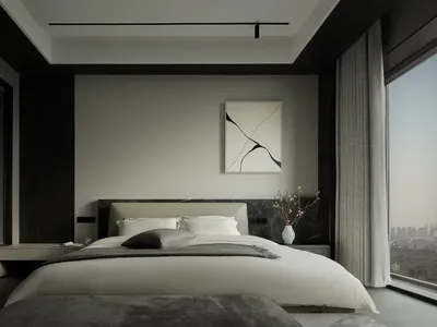 Modern minimalist bedroom featuring a bed with marble headboard, white bedding, and a minimalist artwork on the wall.