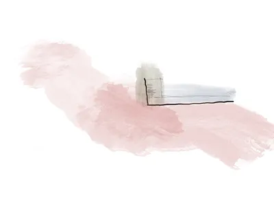 Abstract minimalist bedroom interior with soft, neutral-toned colors and clean lines.