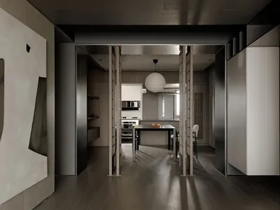 Modern, minimalist kitchen with concrete countertops and wooden texture