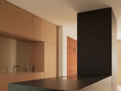 A modern minimalist kitchen with black stone island and wooden panels