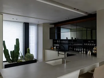 現代住宅廚房，配有混凝土檯面與玻璃櫥櫃