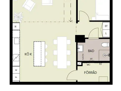 Floor plan of a modern kitchen with porcelain tiles, white countertops, and stainless steel appliances.
