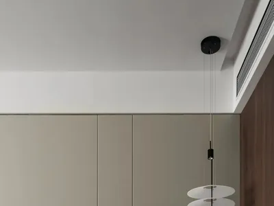 Modern minimalist bedroom featuring a bed with upholstered headboard, wooden walls, and metal nightstand.