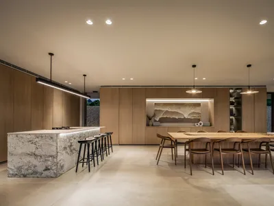 Contemporary residential kitchen with minimalist design, featuring sleek wood finishes and natural light.