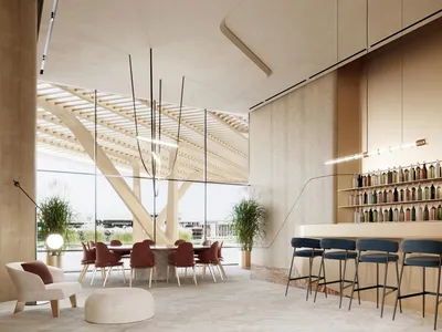 A modern restaurant bar featuring concrete, wood, and marble materials.