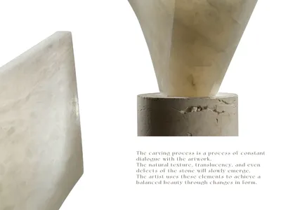 A modern, minimalist sculpture made of Spanish translucent marble features clean lines and geometric forms.
