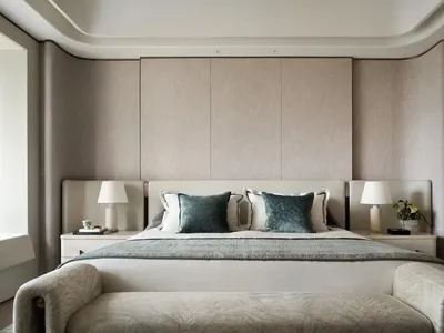 A modern bedroom with a fabric headboard and pillows, complemented by two nightstands and lamps.