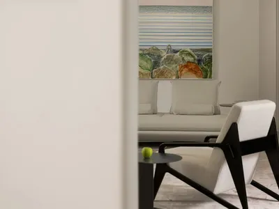 Contemporary living room featuring furniture made of wood and upholstered in fabric.