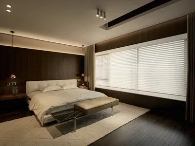 Modern bedroom with brown wooden walls and floor, taupe accents, and a large window with blinds.