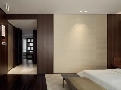 Minimalist design bedroom featuring fabric, showcasing a sleek, elegant and comfortable living space.