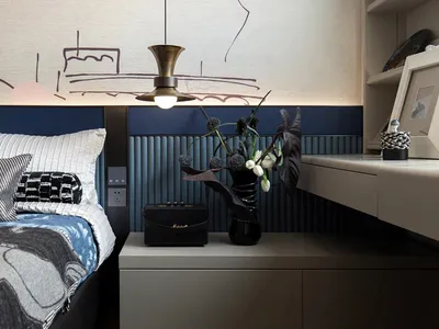 Minimalist bedroom featuring fabric furniture, indoor flowers, and wood elements.