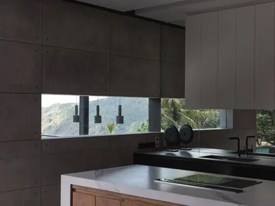 Modern kitchen featuring a minimalist design with concrete countertops and walls, providing a sleek and contemporary aestheti