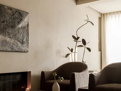 A minimalistic living room featuring a wooden coffee table, two upholstered armchairs, a fireplace, and a potted plant.