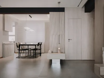 現代極簡廚房，採用混凝土地板與牆面。