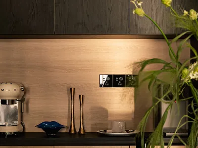 A minimalist residential kitchen featuring wooden cabinets with modern appliances and clean lines.