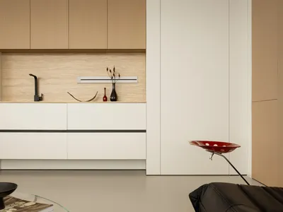 A modern minimalist kitchen with white cabinets, wooden accents, and a sleek design.
