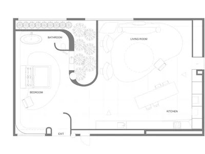Modern floor plan of a bedroom with sleek furniture and minimalistic design.