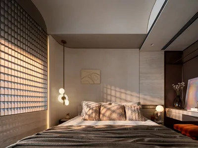 A modern minimalist bedroom featuring wooden furniture, soft lighting, and a stylish color palette.