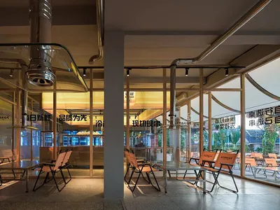 Modern bar interior with glass and concrete materials