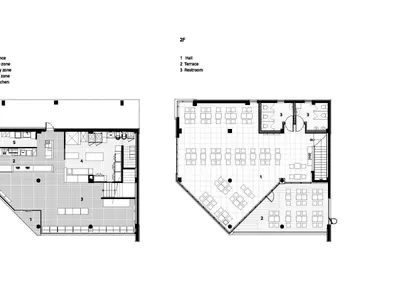 2D architectural drawing depicting the layout of a coffee shop with sections for entrance, coffee zone, display zone, baking