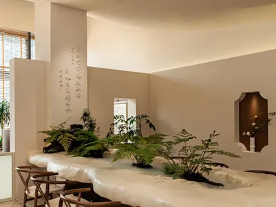 Modern interior of a restaurant with a concrete stone floor and green plants.