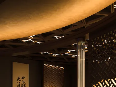 Modern restaurant interior featuring wooden panels, glass elements, and metal accents.