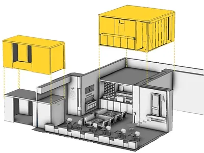 A coffee shop interior design layout with furniture, tables, and seating arrangements.