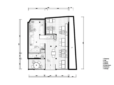 A detailed architectural drawing of a coffee shop floor plan featuring a tile floor and wooden counter.