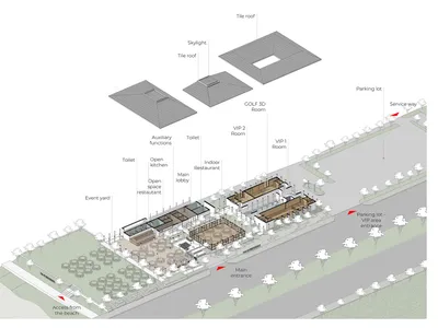 Floor plan of a modern restaurant with multiple dining areas, kitchens, and restrooms.